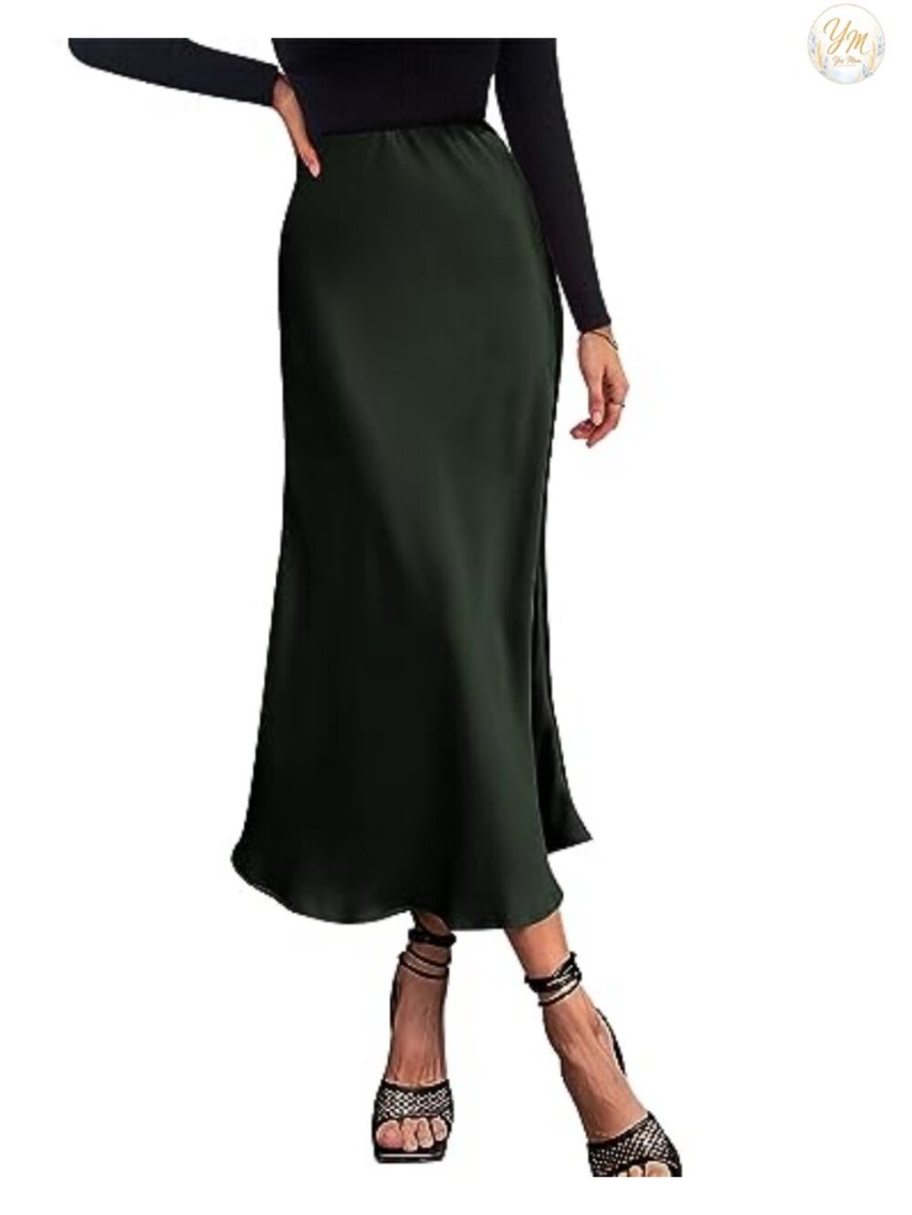 High Waisted Satin A-Line Midi Skirt with Ruffle Hem